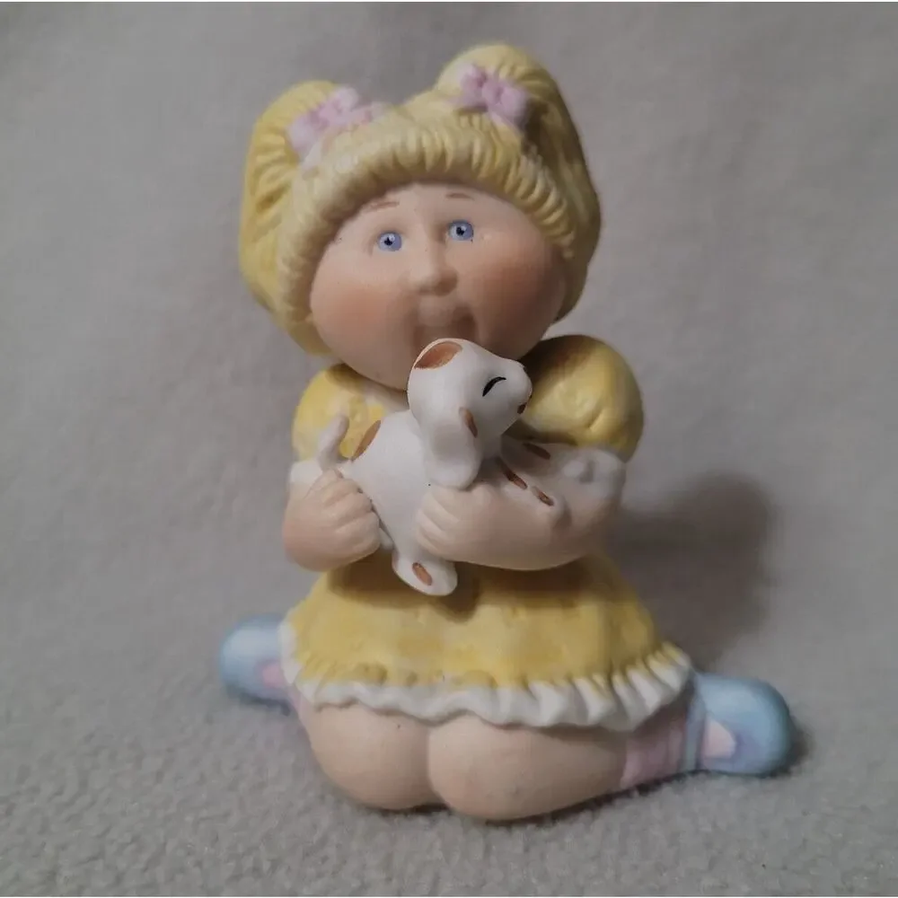 Vintage Cabbage Patch Kids Porcelain Girl Yellow Dress with Puppy Figurine 1985